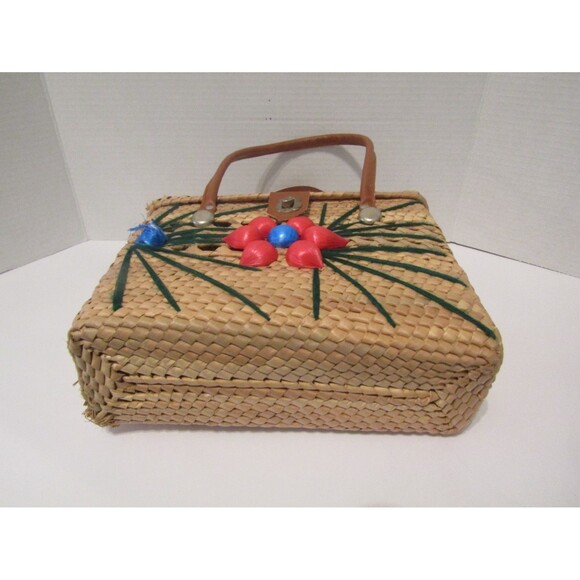 Vintage Mexican Woven Straw Purse Raffia Flowers Leather Straps Basket Box - Picture 7 of 10